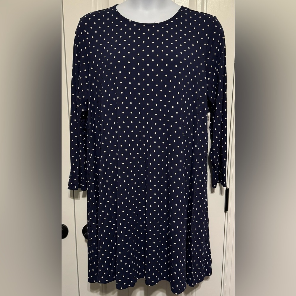 NWT Old Navy Blue/White Dot Jersey Long Sleeve, Knee Length Swing Dress Sz XXL